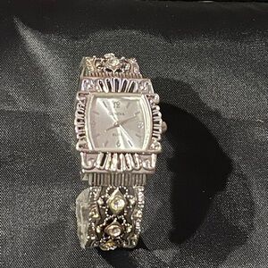 Geneva Platinum silver-tone rectangular cuff bracelet watch with marcasite-style